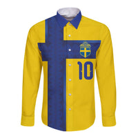 Custom Sweden Sverige Football Long Sleeve Button Shirt Nordic Cross Pattern With Traditional Sverige Heritage Crest
