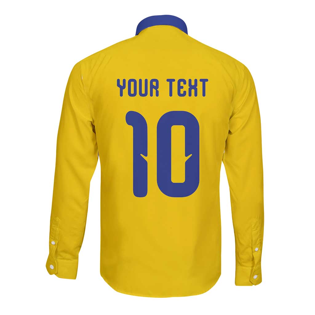 Custom Sweden Sverige Football Long Sleeve Button Shirt Nordic Cross Pattern With Traditional Sverige Heritage Crest