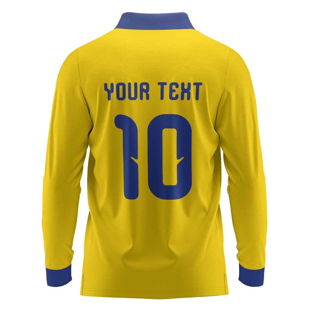 Custom Sweden Sverige Football Long Sleeve Polo Shirt Nordic Cross Pattern With Traditional Sverige Heritage Crest