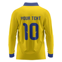 Custom Sweden Sverige Football Long Sleeve Polo Shirt Nordic Cross Pattern With Traditional Sverige Heritage Crest