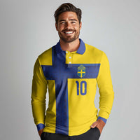 Custom Sweden Sverige Football Long Sleeve Polo Shirt Nordic Cross Pattern With Traditional Sverige Heritage Crest
