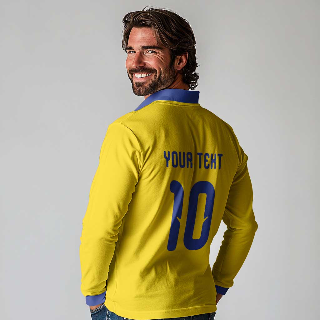 Custom Sweden Sverige Football Long Sleeve Polo Shirt Nordic Cross Pattern With Traditional Sverige Heritage Crest