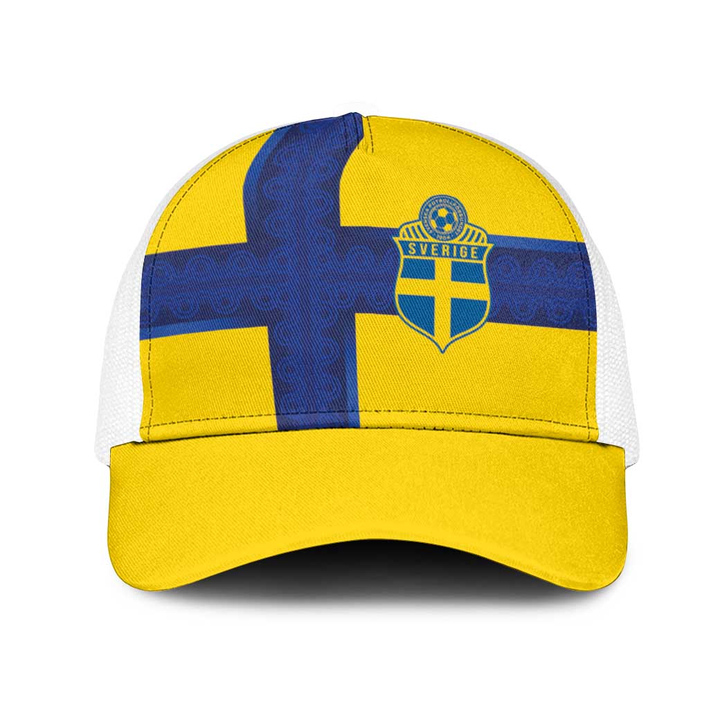 Sweden Sverige Football Mesh Trucker Cap Nordic Cross Pattern With Traditional Sverige Heritage Crest