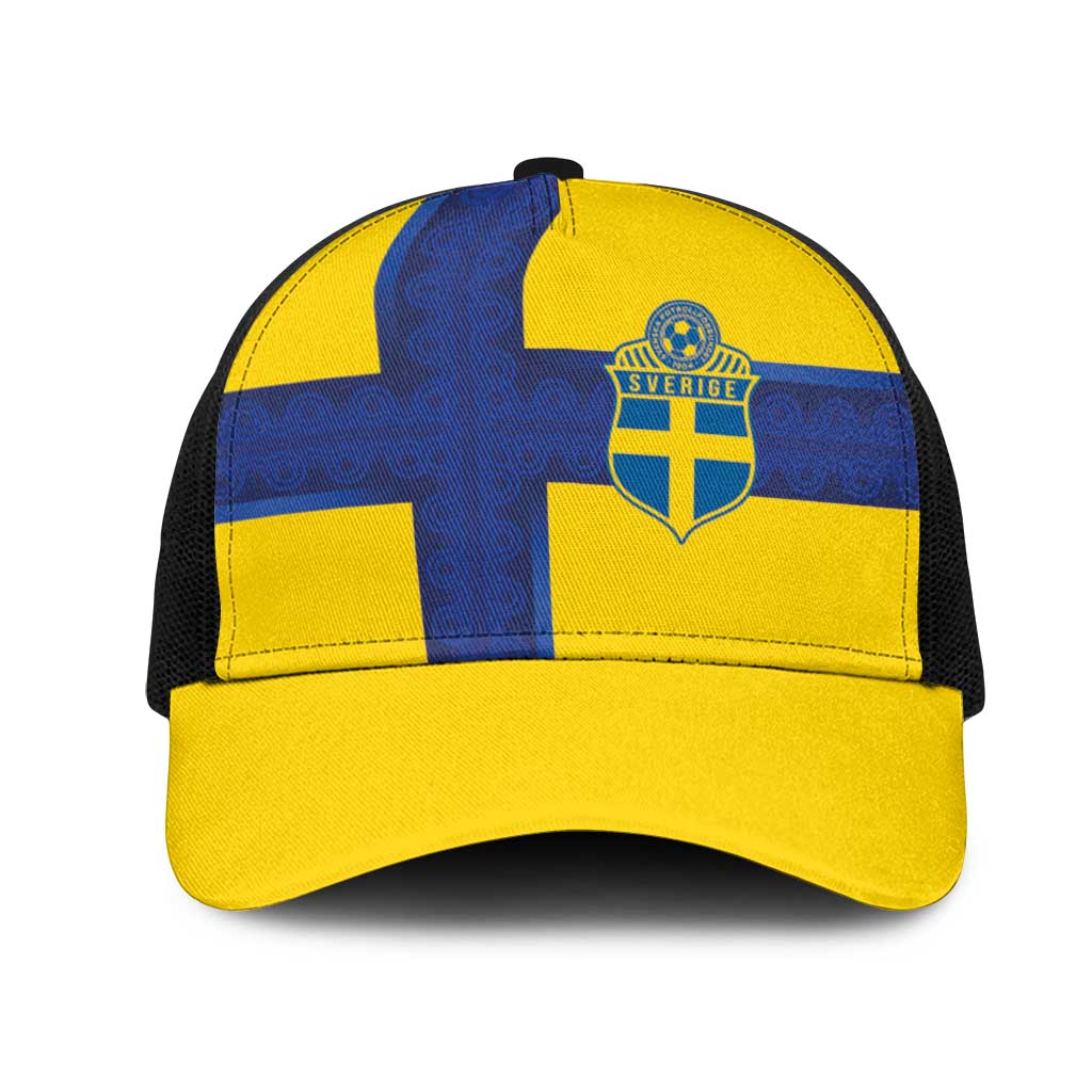 Sweden Sverige Football Mesh Trucker Cap Nordic Cross Pattern With Traditional Sverige Heritage Crest
