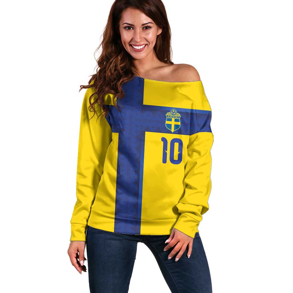 Custom Sweden Sverige Football Off Shoulder Sweater Nordic Cross Pattern With Traditional Sverige Heritage Crest