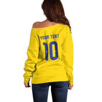 Custom Sweden Sverige Football Off Shoulder Sweater Nordic Cross Pattern With Traditional Sverige Heritage Crest