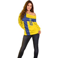 Custom Sweden Sverige Football Off Shoulder Sweater Nordic Cross Pattern With Traditional Sverige Heritage Crest