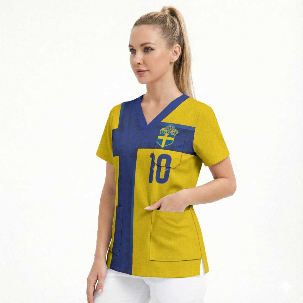 Custom Sweden Sverige Football Scrub Top Nordic Cross Pattern With Traditional Sverige Heritage Crest
