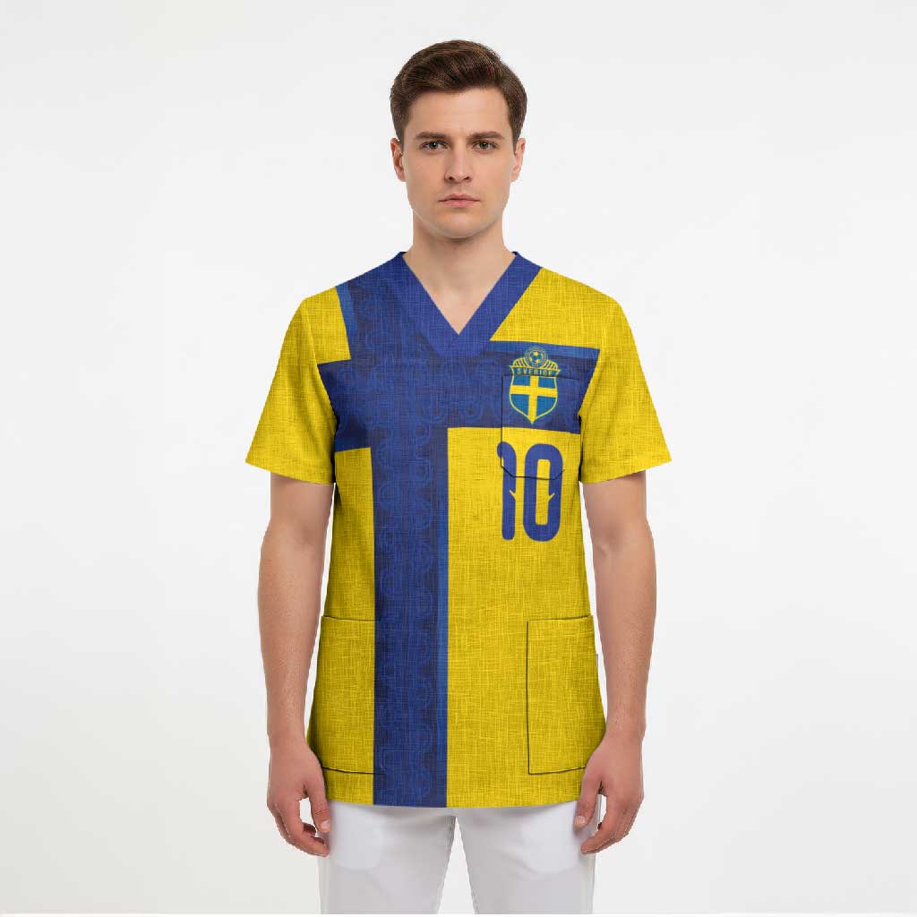 Custom Sweden Sverige Football Scrub Top Nordic Cross Pattern With Traditional Sverige Heritage Crest