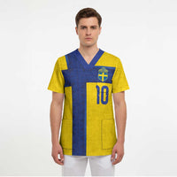 Custom Sweden Sverige Football Scrub Top Nordic Cross Pattern With Traditional Sverige Heritage Crest