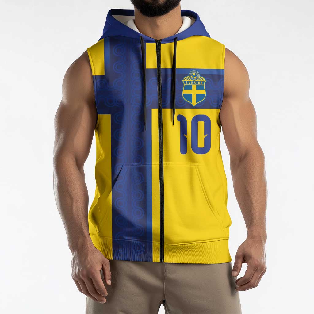 Custom Sweden Sverige Football Sleeveless Zip Hoodie Nordic Cross Pattern With Traditional Sverige Heritage Crest