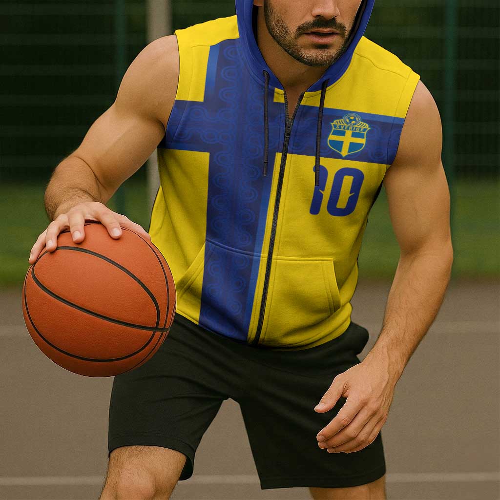 Custom Sweden Sverige Football Sleeveless Zip Hoodie Nordic Cross Pattern With Traditional Sverige Heritage Crest