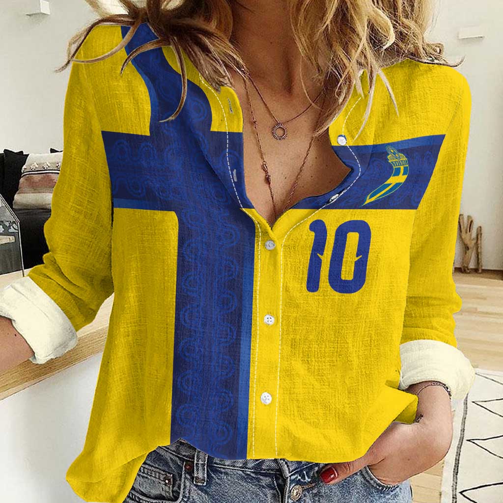 Custom Sweden Sverige Football Women Casual Shirt Nordic Cross Pattern With Traditional Sverige Heritage Crest