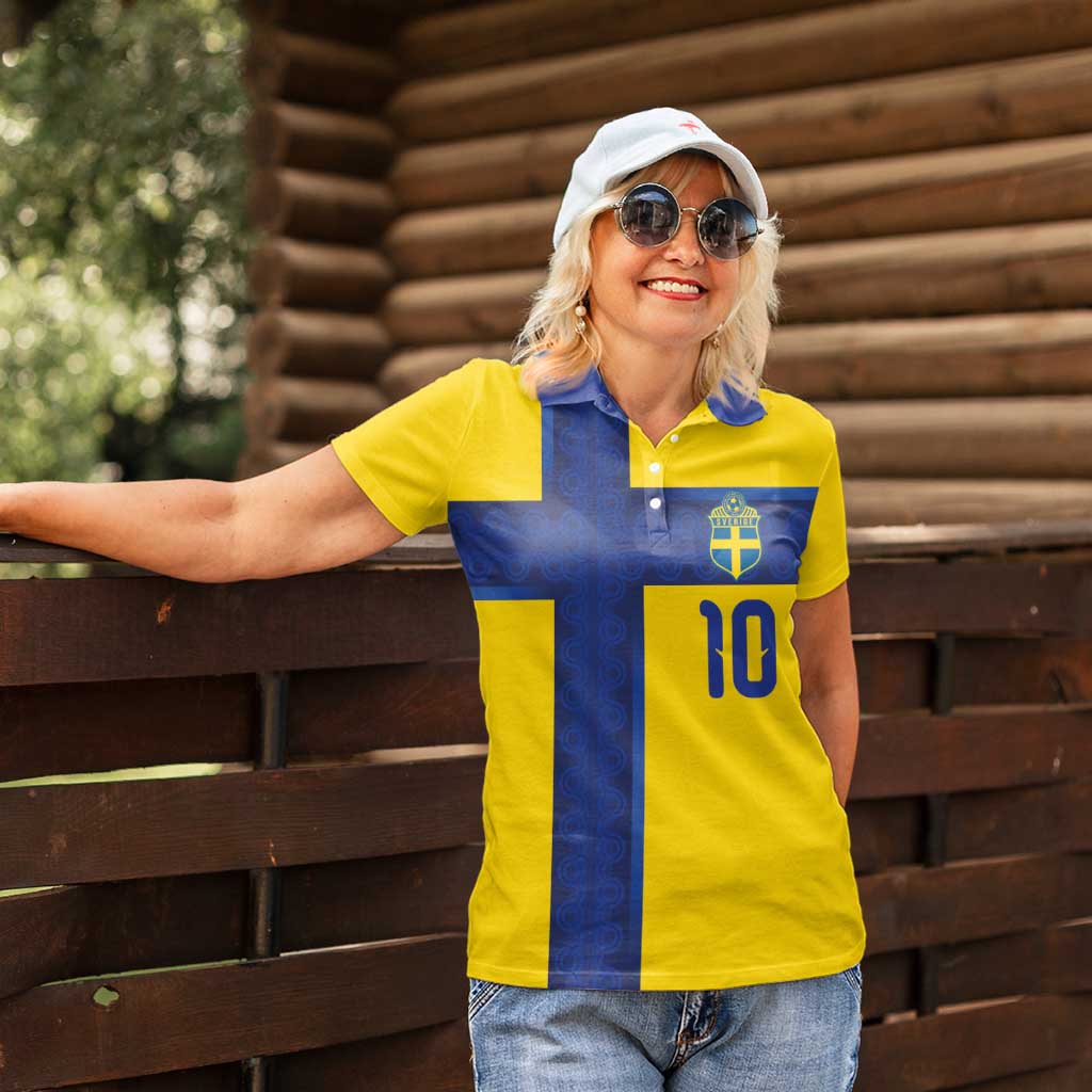 Custom Sweden Sverige Football Women Polo Shirt Nordic Cross Pattern With Traditional Sverige Heritage Crest