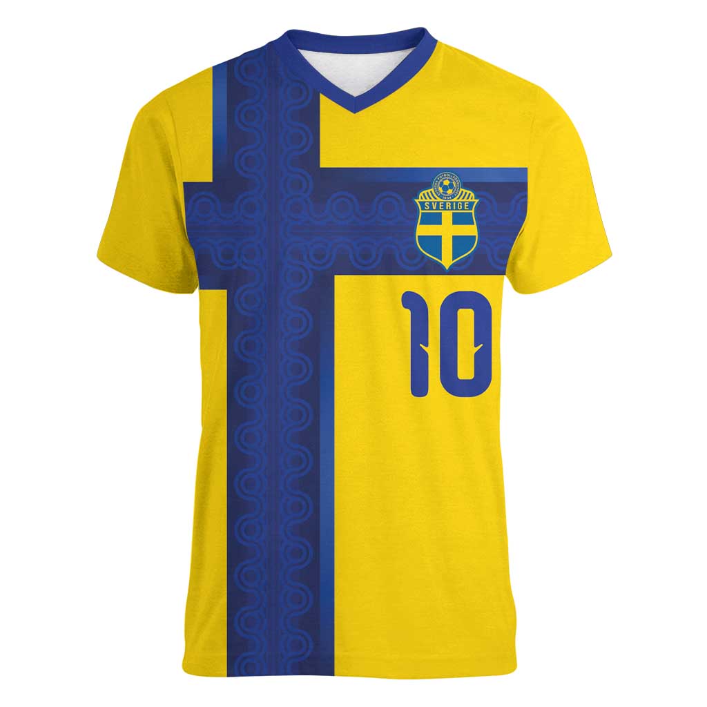 Custom Sweden Sverige Football Women V-Neck T-Shirt Nordic Cross Pattern With Traditional Sverige Heritage Crest