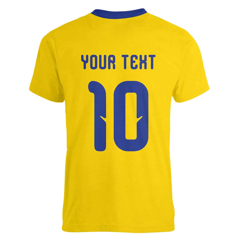 Custom Sweden Sverige Football Women V-Neck T-Shirt Nordic Cross Pattern With Traditional Sverige Heritage Crest
