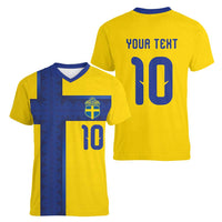 Custom Sweden Sverige Football Women V-Neck T-Shirt Nordic Cross Pattern With Traditional Sverige Heritage Crest