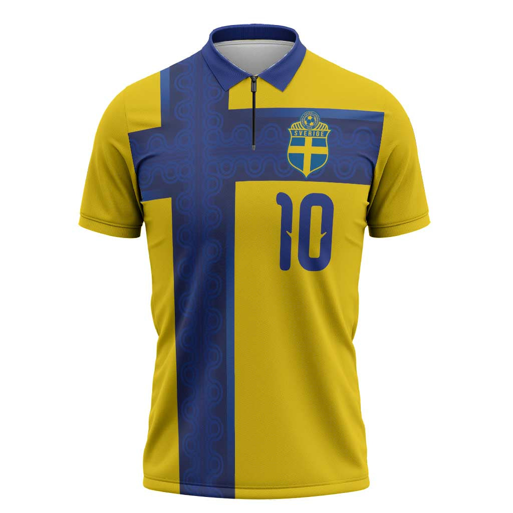 Custom Sweden Sverige Football Zipper Polo Shirt Nordic Cross Pattern With Traditional Sverige Heritage Crest