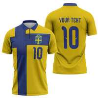 Custom Sweden Sverige Football Zipper Polo Shirt Nordic Cross Pattern With Traditional Sverige Heritage Crest