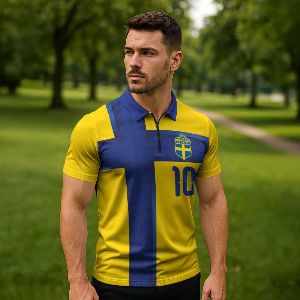 Custom Sweden Sverige Football Zipper Polo Shirt Nordic Cross Pattern With Traditional Sverige Heritage Crest
