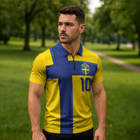 Custom Sweden Sverige Football Zipper Polo Shirt Nordic Cross Pattern With Traditional Sverige Heritage Crest