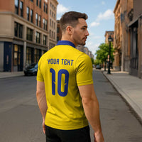 Custom Sweden Sverige Football Zipper Polo Shirt Nordic Cross Pattern With Traditional Sverige Heritage Crest