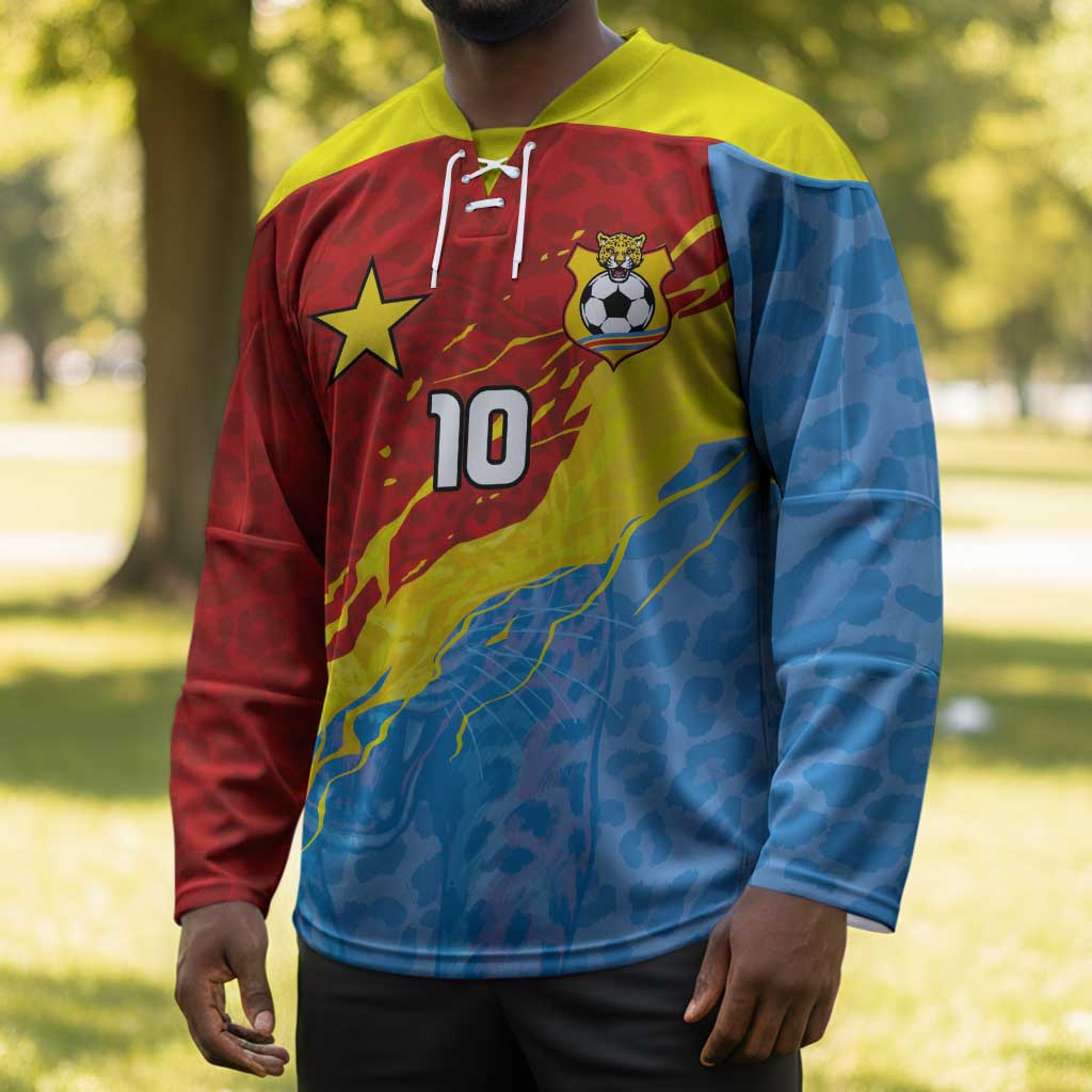 Custom DR Congo Leopards Football Hockey Jersey Abstract Leopard Pattern With National Colors And Crest