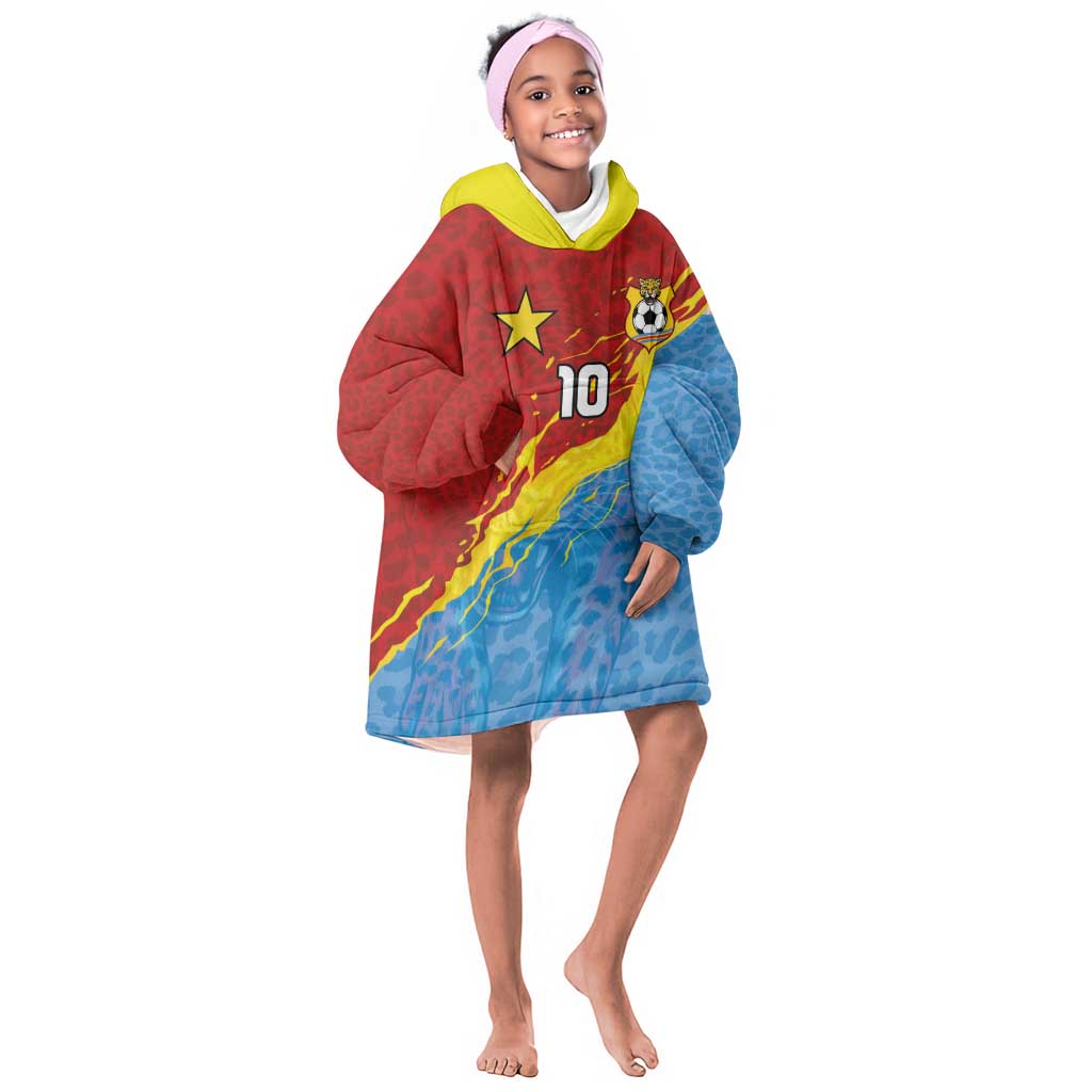 Custom DR Congo Leopards Football Kid Wearable Blanket Hoodie Abstract Leopard Pattern With National Colors And Crest