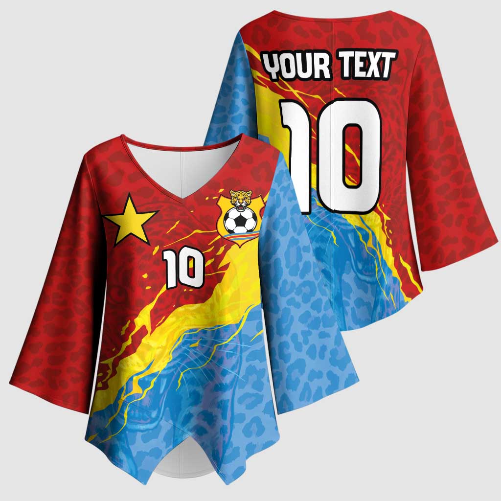 Custom DR Congo Leopards Football Kimono Sleeve Blouse Abstract Leopard Pattern With National Colors And Crest