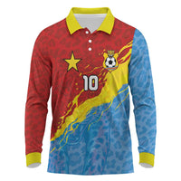 Custom DR Congo Leopards Football Long Sleeve Polo Shirt Abstract Leopard Pattern With National Colors And Crest