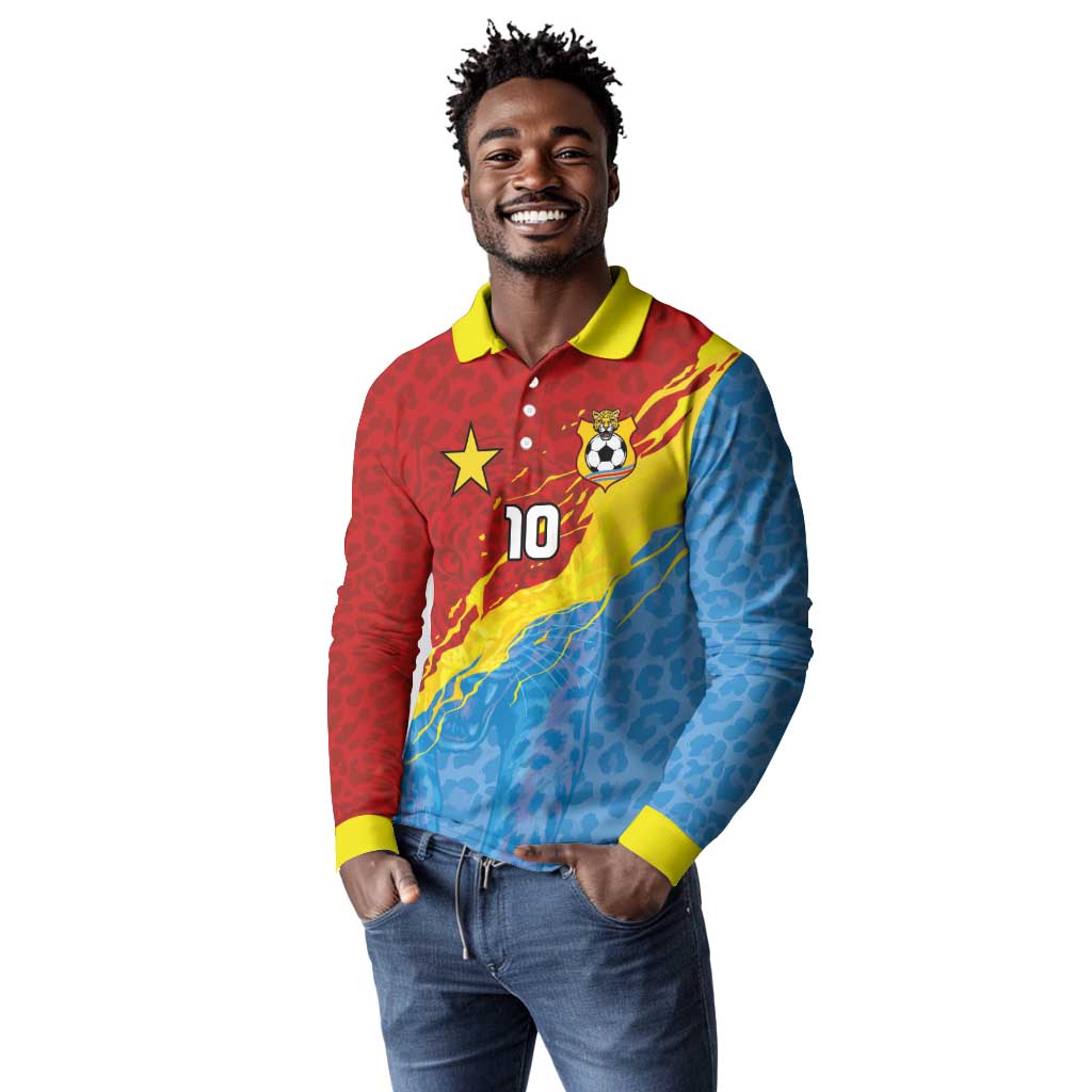 Custom DR Congo Leopards Football Long Sleeve Polo Shirt Abstract Leopard Pattern With National Colors And Crest