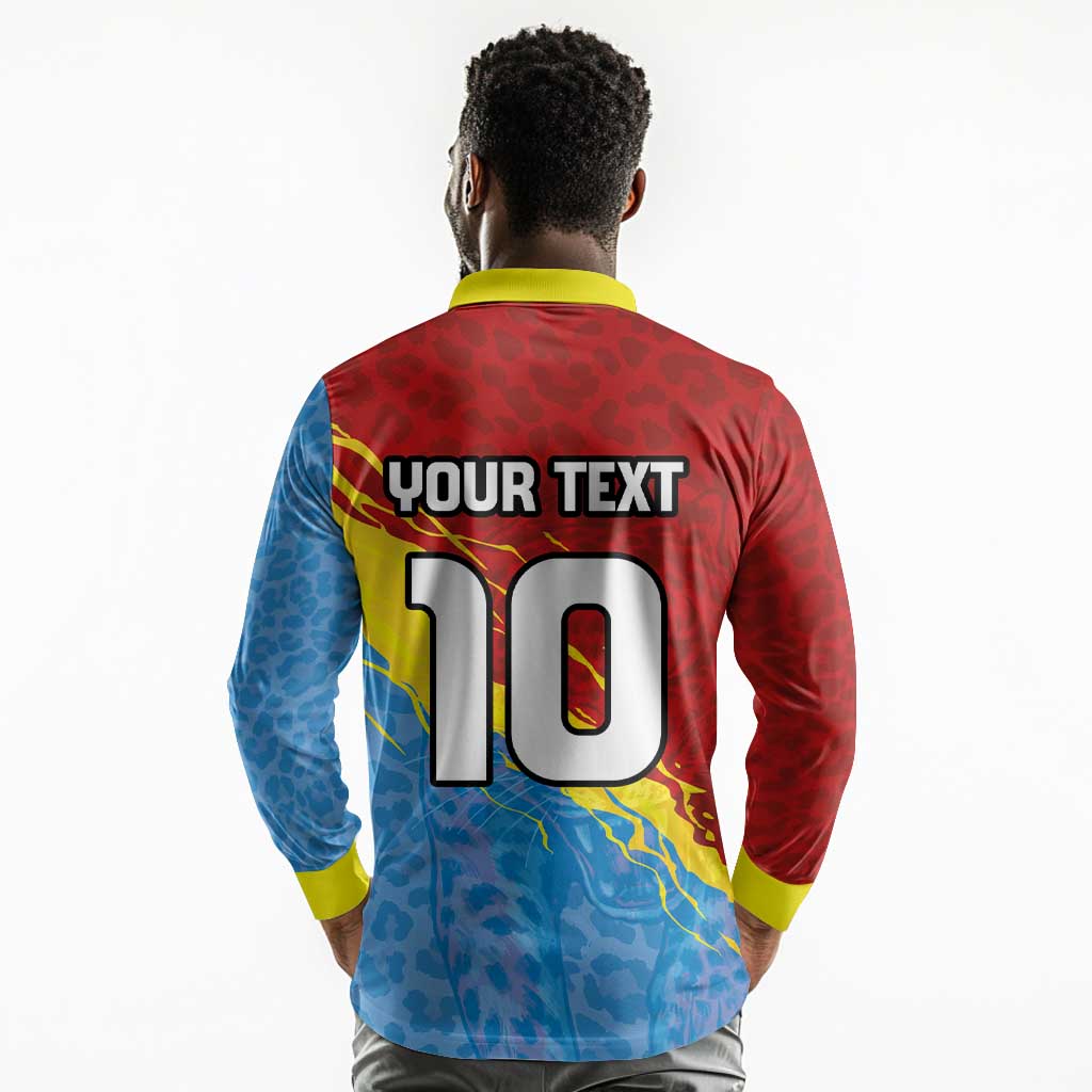Custom DR Congo Leopards Football Long Sleeve Polo Shirt Abstract Leopard Pattern With National Colors And Crest