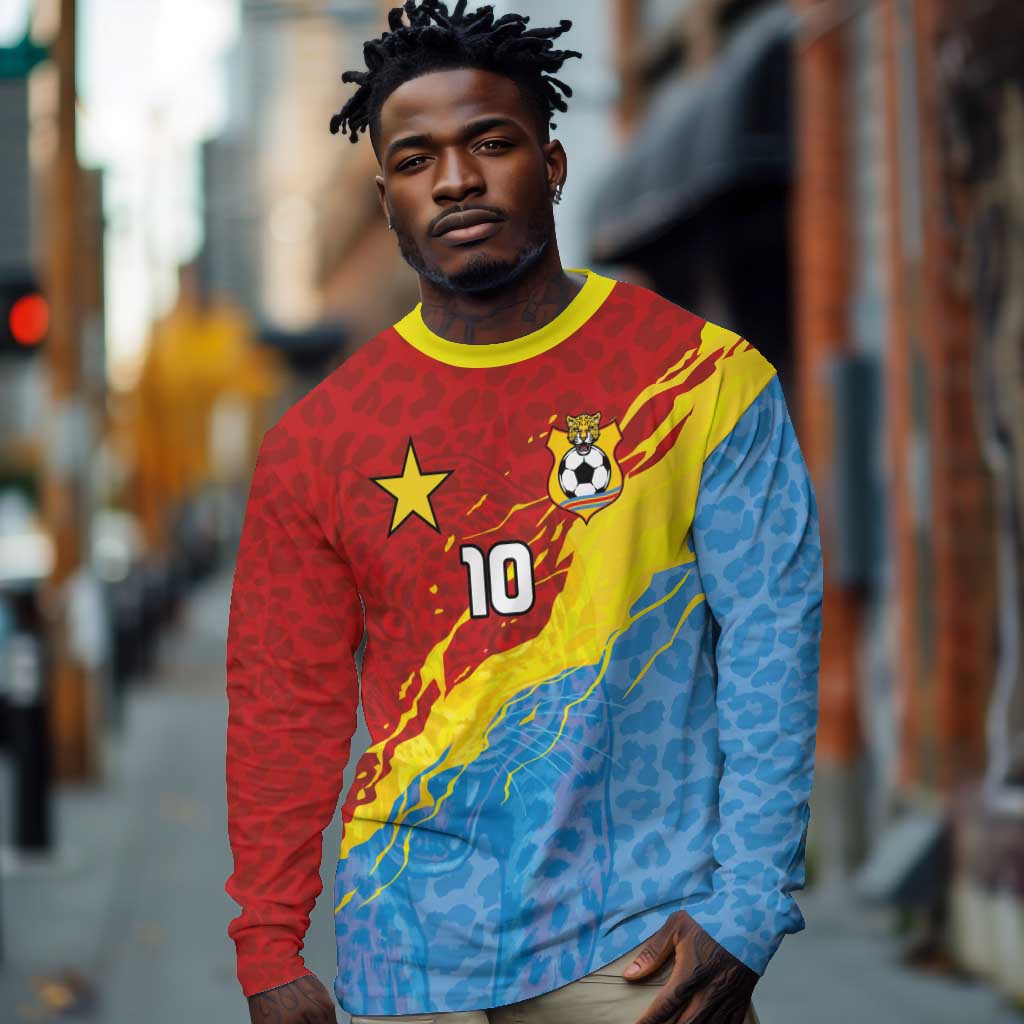 Custom DR Congo Leopards Football Long Sleeve Shirt Abstract Leopard Pattern With National Colors And Crest