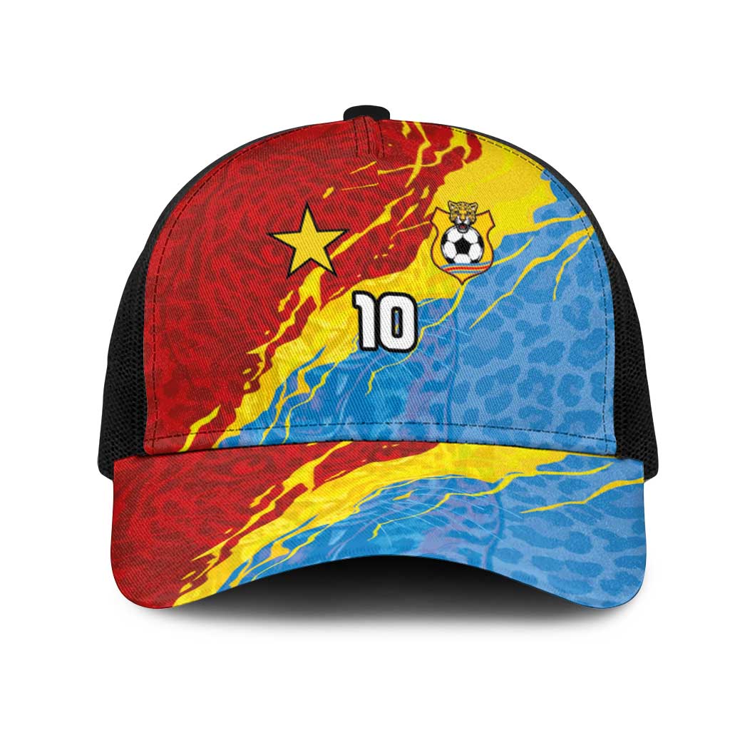 Custom DR Congo Leopards Football Mesh Trucker Cap Abstract Leopard Pattern With National Colors And Crest