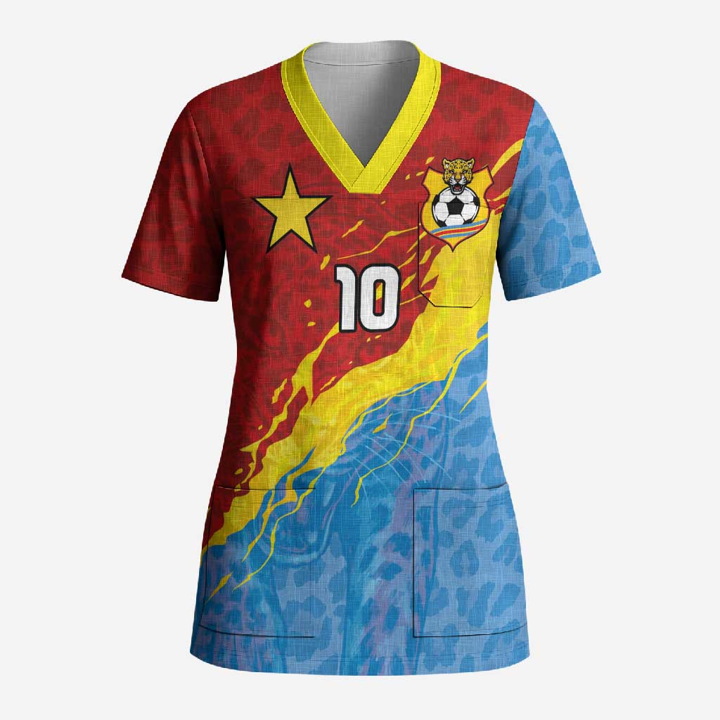 Custom DR Congo Leopards Football Scrub Top Abstract Leopard Pattern With National Colors And Crest