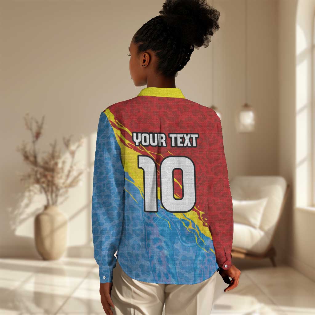 Custom DR Congo Leopards Football Women Casual Shirt Abstract Leopard Pattern With National Colors And Crest
