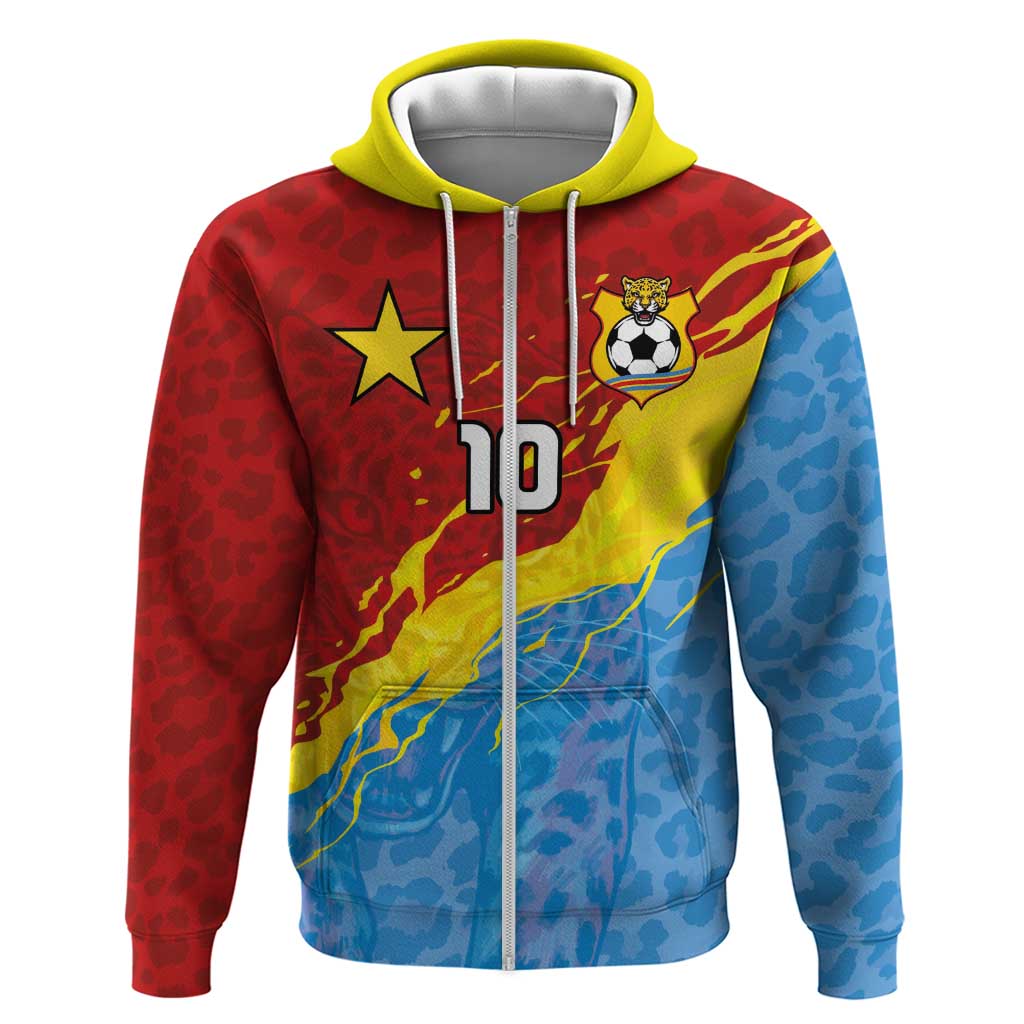 Custom DR Congo Leopards Football Zip Hoodie Abstract Leopard Pattern With National Colors And Crest