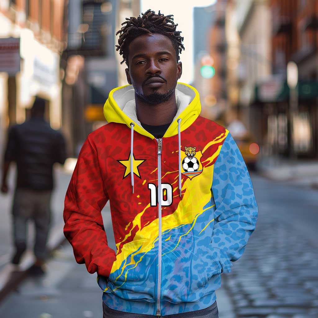 Custom DR Congo Leopards Football Zip Hoodie Abstract Leopard Pattern With National Colors And Crest