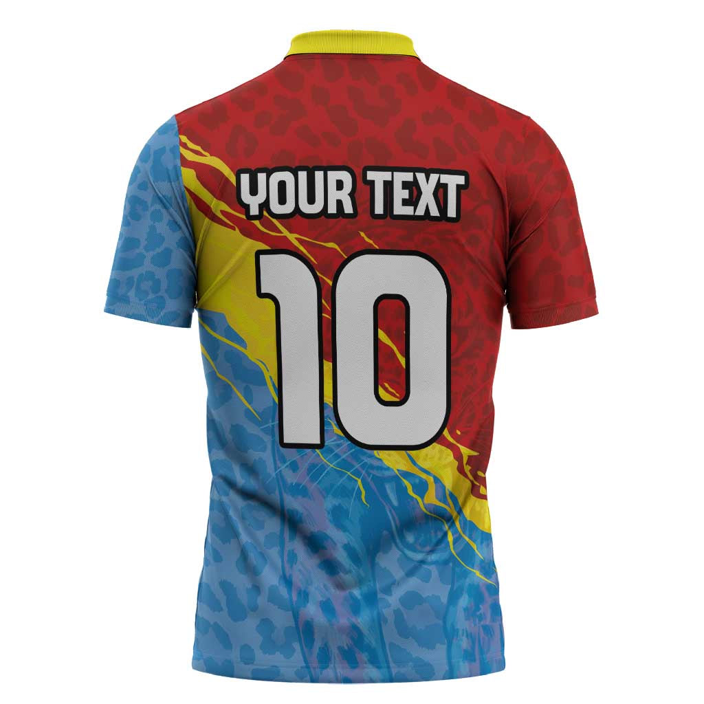 Custom DR Congo Leopards Football Zipper Polo Shirt Abstract Leopard Pattern With National Colors And Crest