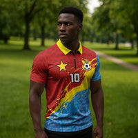 Custom DR Congo Leopards Football Zipper Polo Shirt Abstract Leopard Pattern With National Colors And Crest