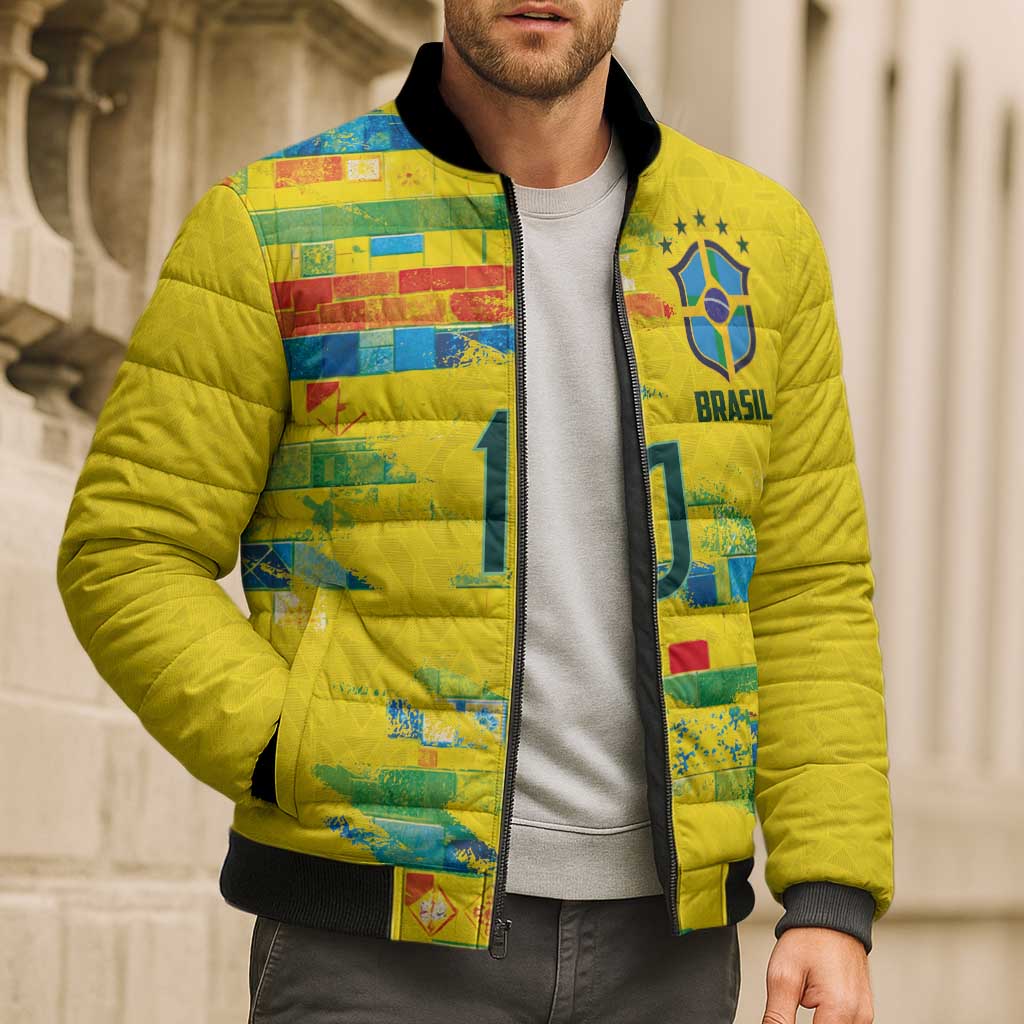 Custom Brasil Football Bomber Puffer Jacket Abstract Art Inspired Rio Mosaic Steps