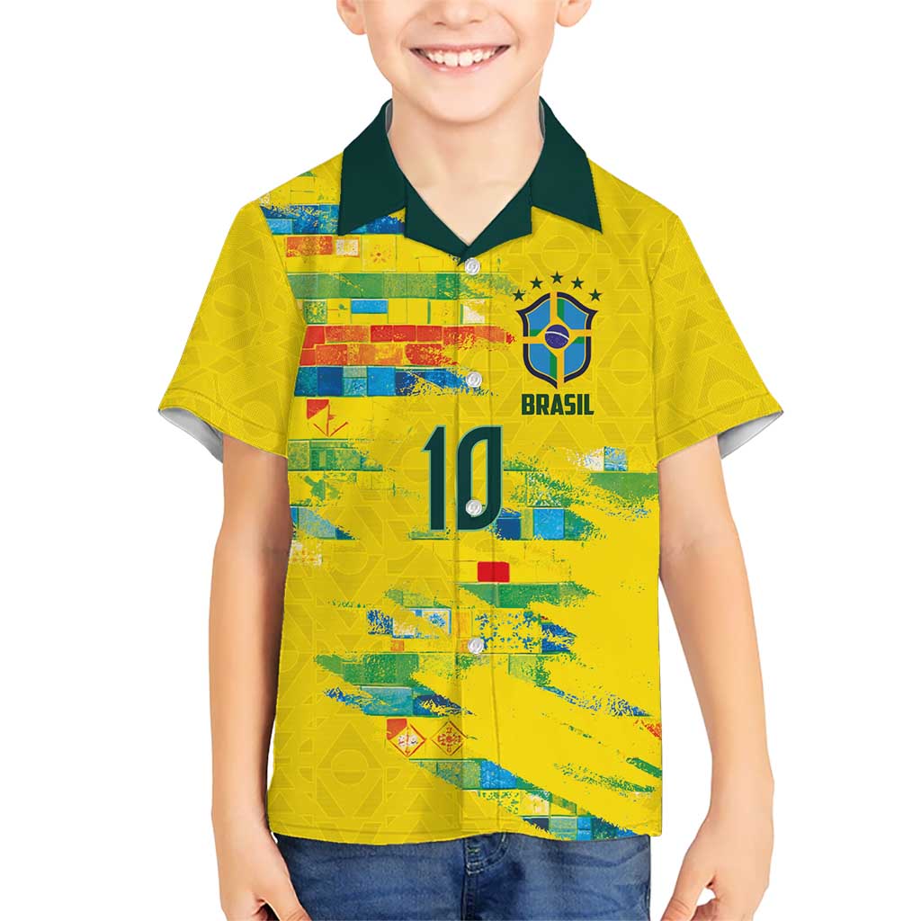 Custom Brasil Football Kid Hawaiian Shirt Abstract Art Inspired Rio Mosaic Steps