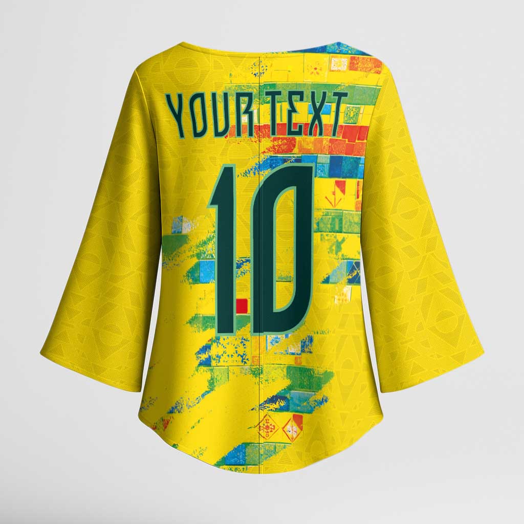 Custom Brasil Football Kimono Sleeve Blouse Abstract Art Inspired Rio Mosaic Steps