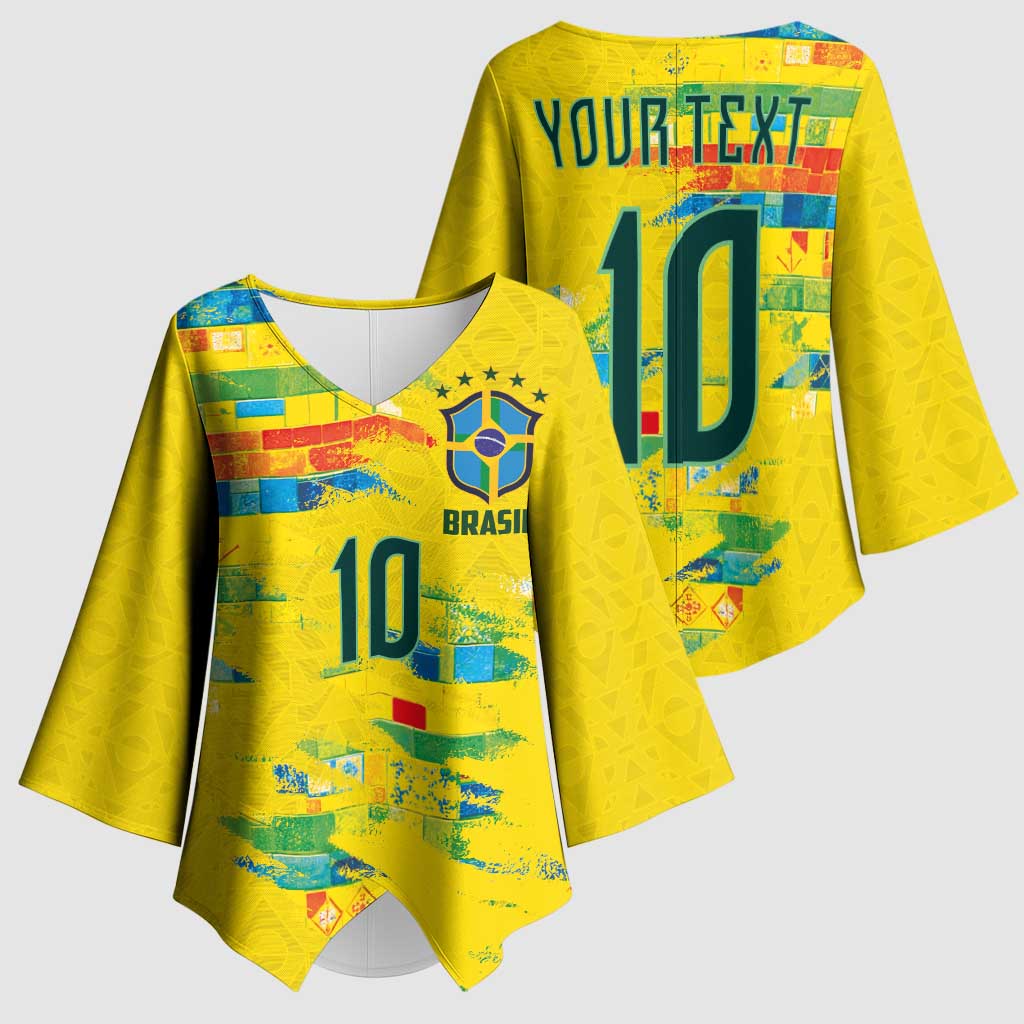 Custom Brasil Football Kimono Sleeve Blouse Abstract Art Inspired Rio Mosaic Steps