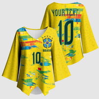 Custom Brasil Football Kimono Sleeve Blouse Abstract Art Inspired Rio Mosaic Steps