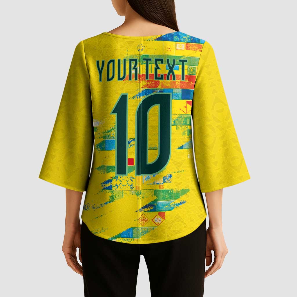 Custom Brasil Football Kimono Sleeve Blouse Abstract Art Inspired Rio Mosaic Steps