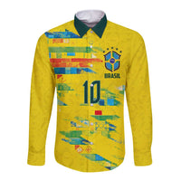 Custom Brasil Football Long Sleeve Button Shirt Abstract Art Inspired Rio Mosaic Steps