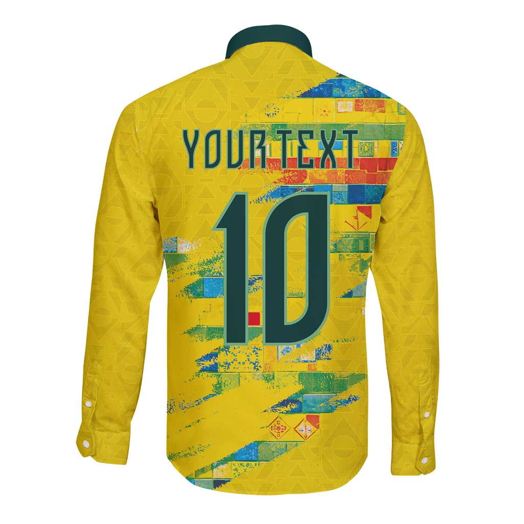 Custom Brasil Football Long Sleeve Button Shirt Abstract Art Inspired Rio Mosaic Steps