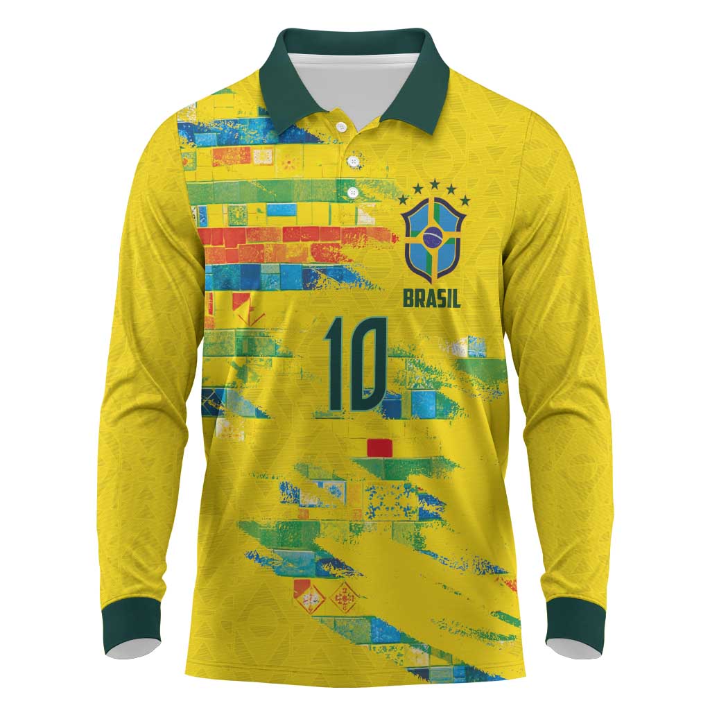 Custom Brasil Football Long Sleeve Polo Shirt Abstract Art Inspired Rio Mosaic Steps