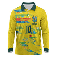 Custom Brasil Football Long Sleeve Polo Shirt Abstract Art Inspired Rio Mosaic Steps